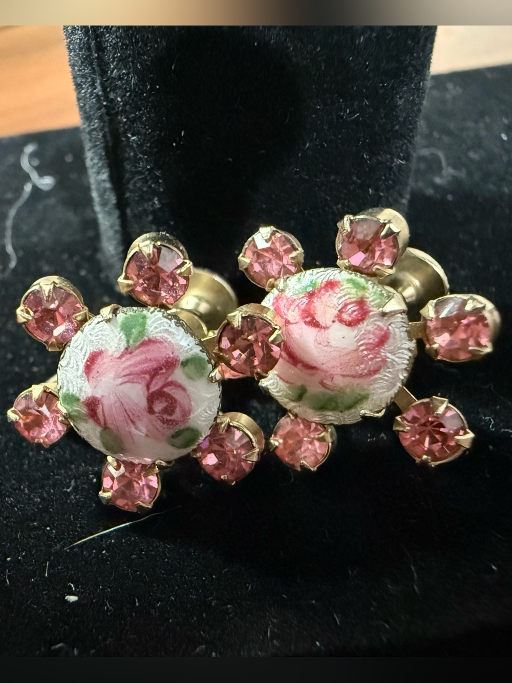 Vintage Guilloché Floral Enamel and Pink Crystal Screw Backs